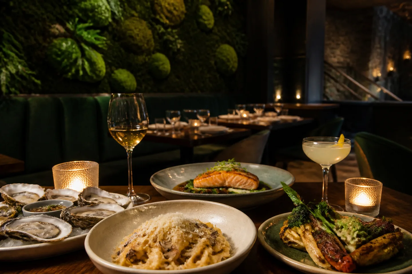 Pacific Northwest dinner table with oysters, pasta, salmon, vegetables and cocktails