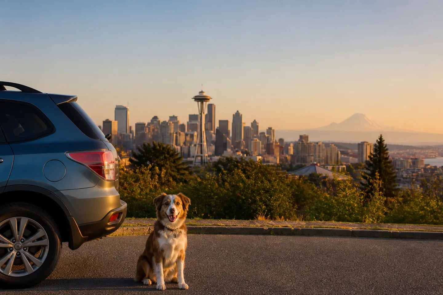 Seattle skyline and Space Needle at golden hour with a dog ready for a road trip