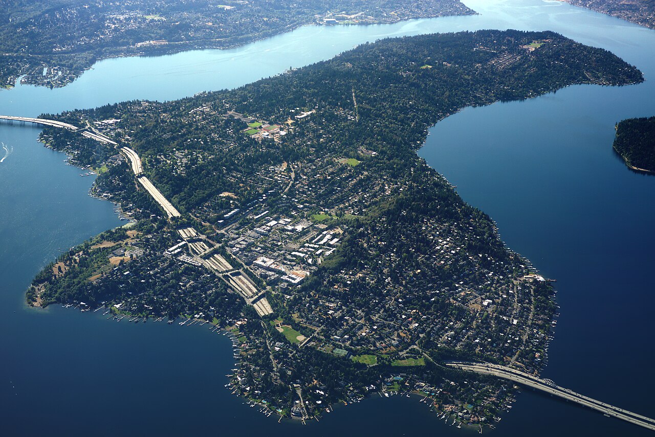 Aerial view of forested Mercer Island
