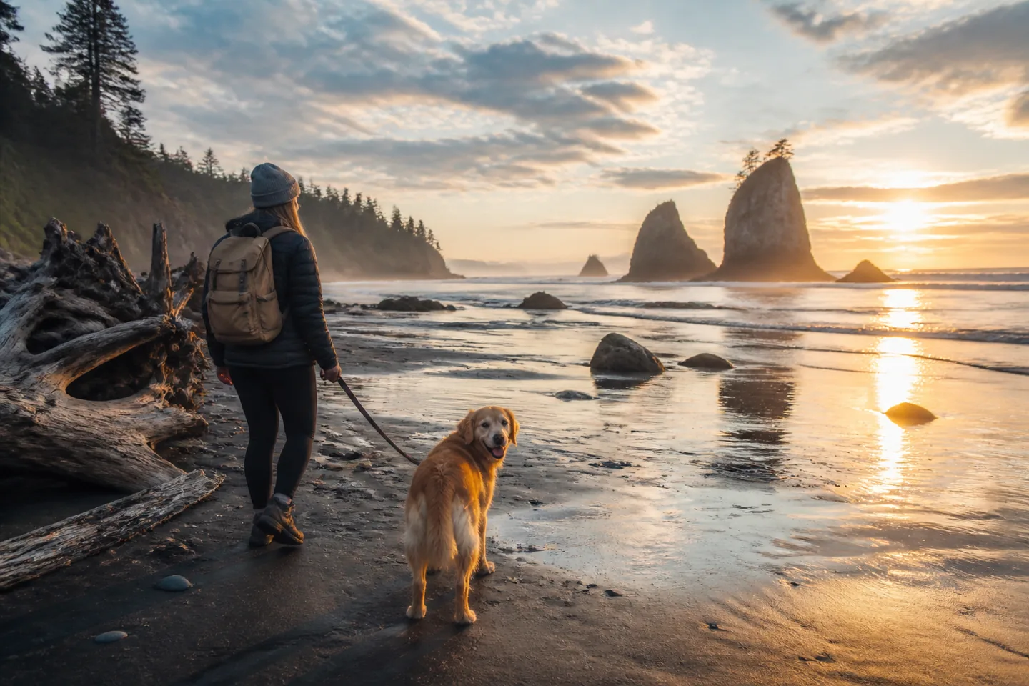 Traveler and leashed dog walking an Olympic Peninsula beach at sunset