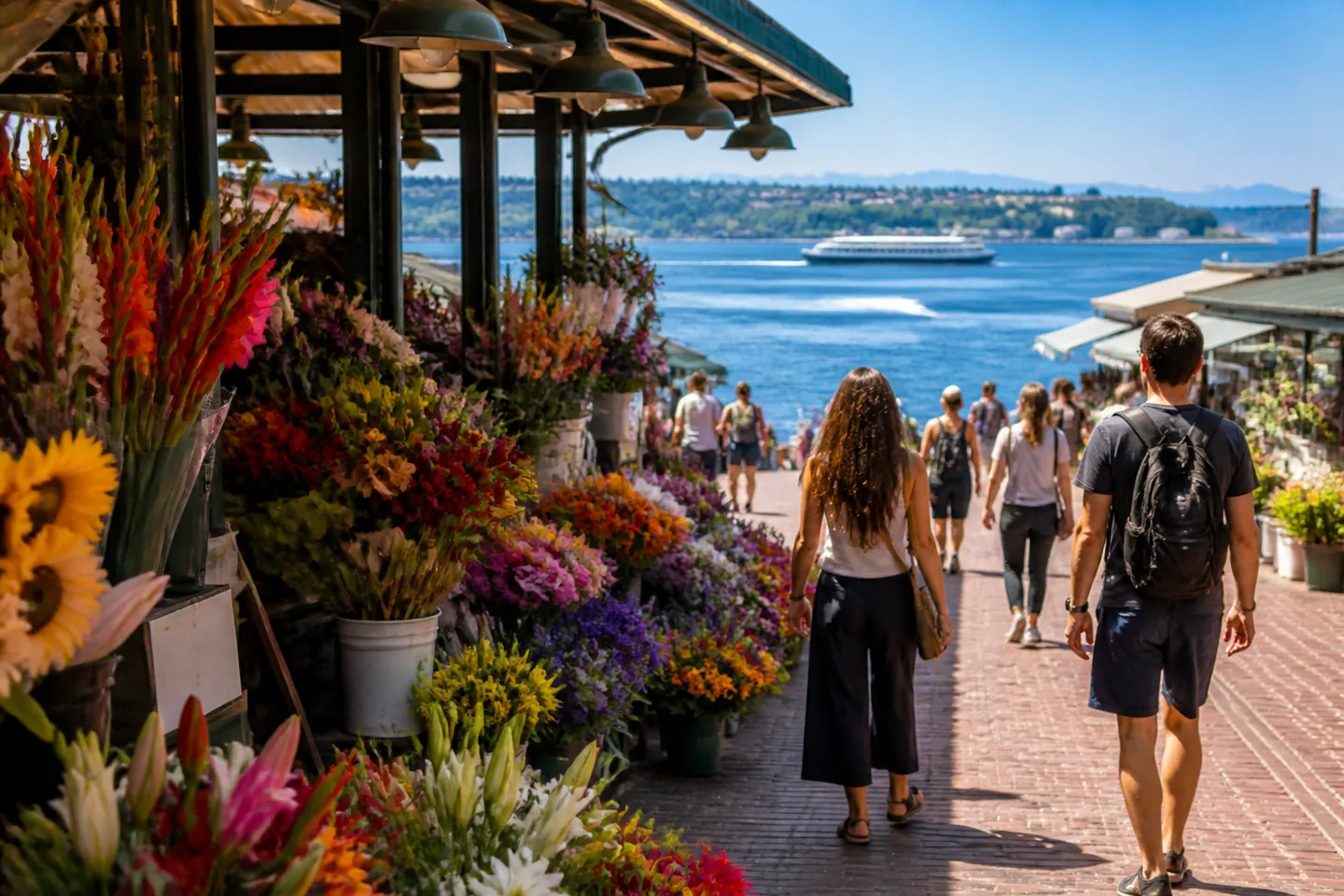 Seattle market flowers and waterfront on a bright summer day